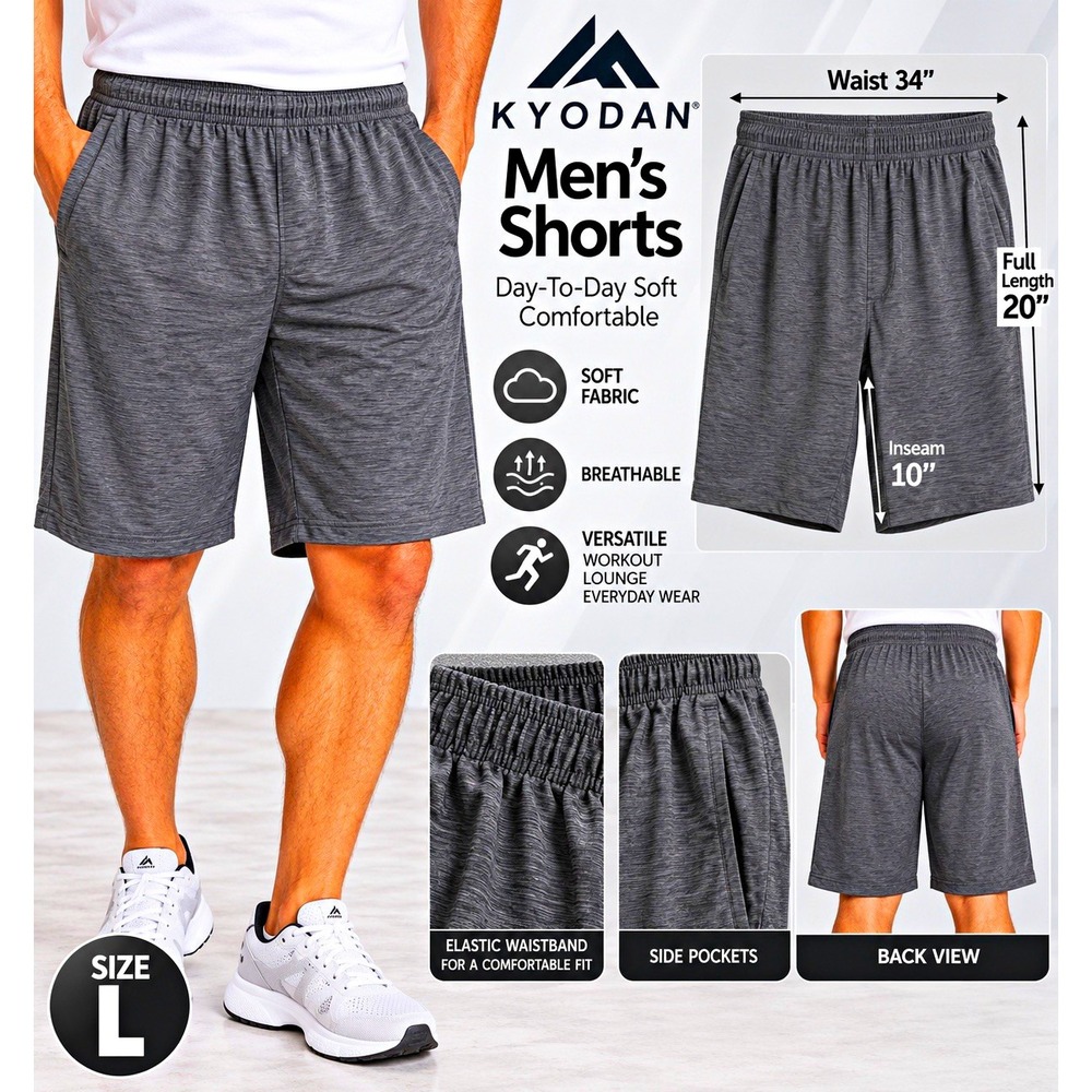KYODAN Men's Gray Athletic Shorts L Regular 10" Inseam Elastic Waist Pockets